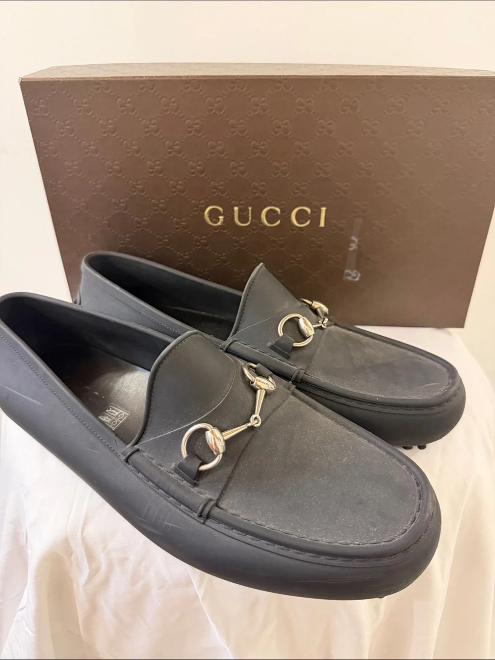 Gucci Black Leather Horsebit Slip-On Loafers. Waterproof! Rubber! Very unique!